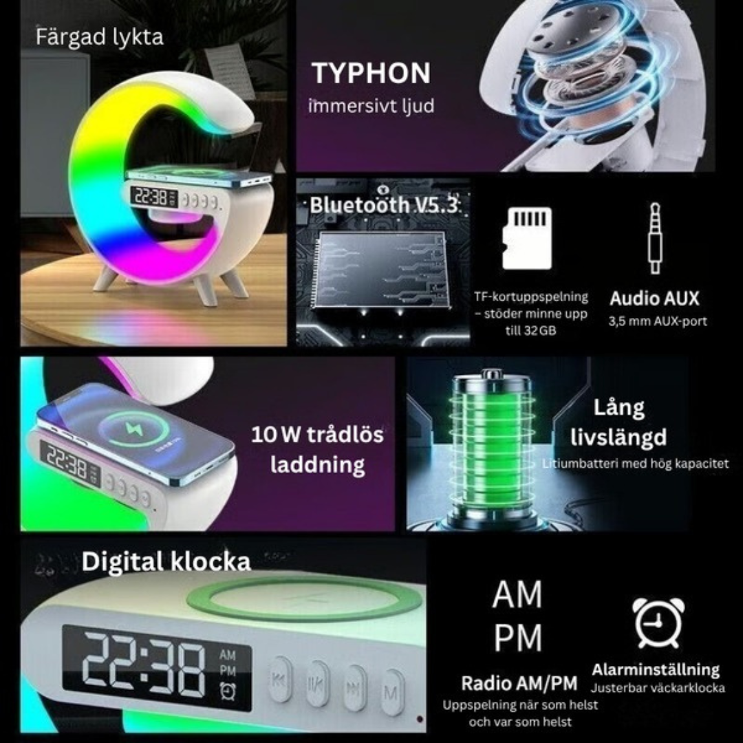 SoundGlow™ | Soluppgångsvakningslampa, Bluetooth-högtalare, trådlös laddare, stämningsbelysning!