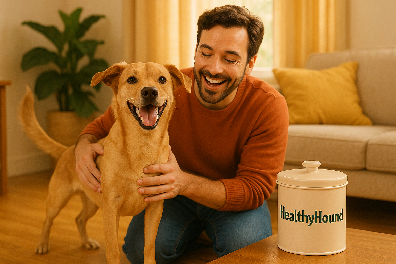 Blije hond met baas en pot HealthyHound