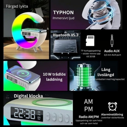 SoundGlow™ | Soluppgångsvakningslampa, Bluetooth-högtalare, trådlös laddare, stämningsbelysning!